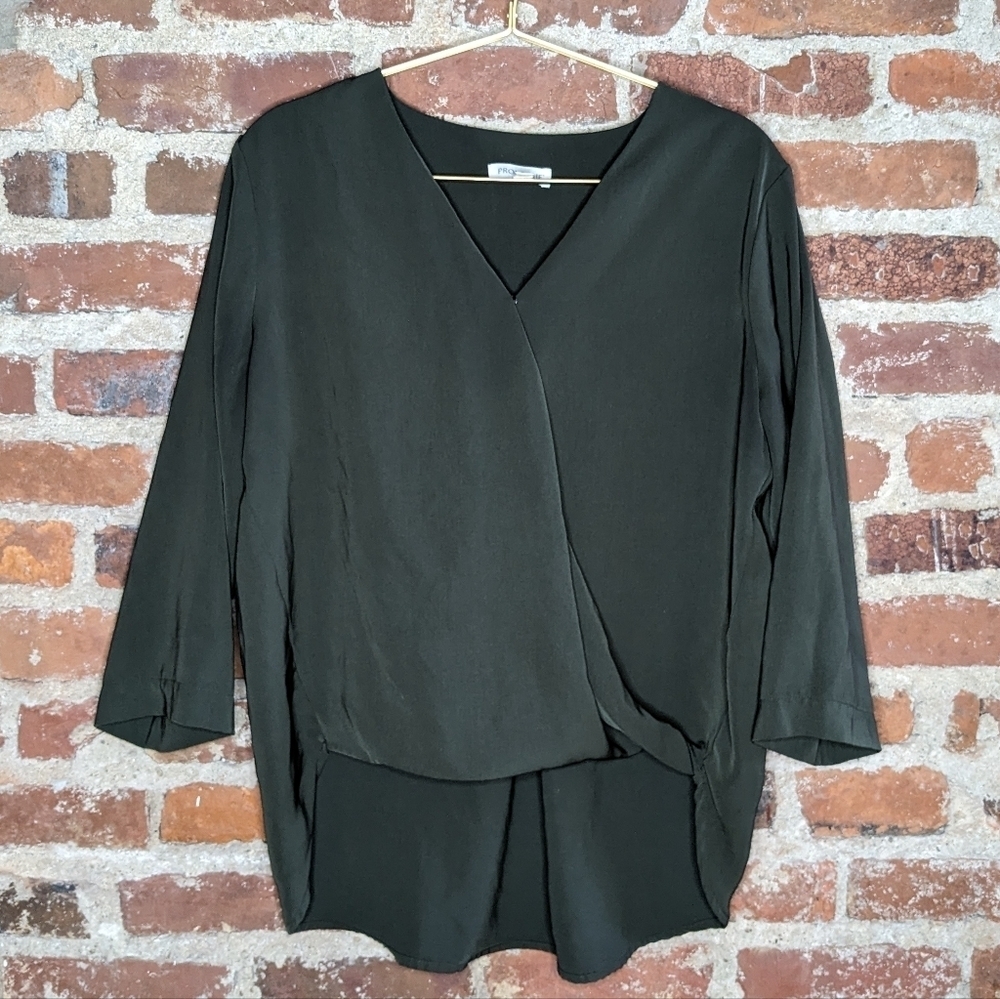 Prologue Medium Dark Olive Green Wrap Front Long Back V-Neck‎ Tunic